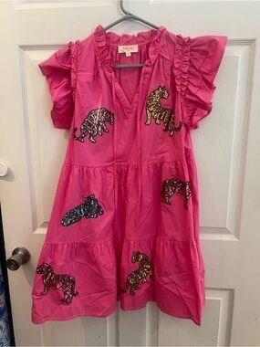 Peach Love California Hot Pink Sequin Tiger Tiered Ruffle Dress sz M